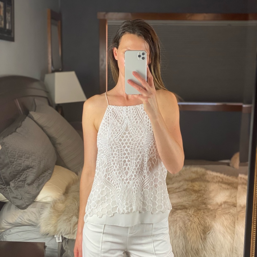 Saylor Sleeveless White Sequin Low Back Top, Small